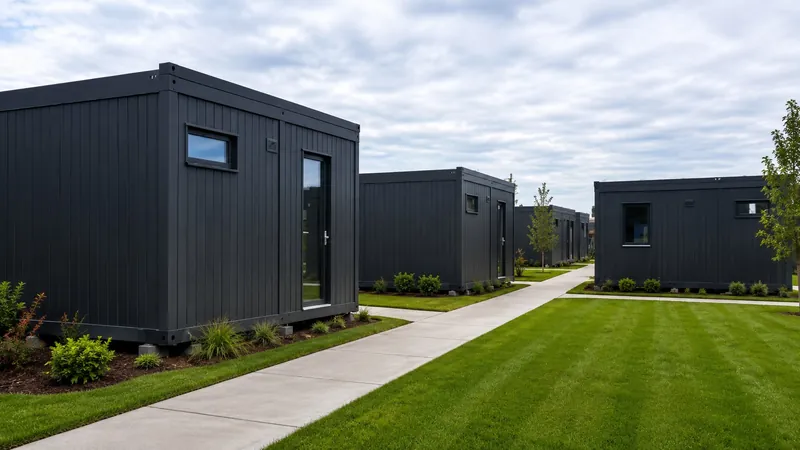 A row of finished black modular homes on a landscaped street