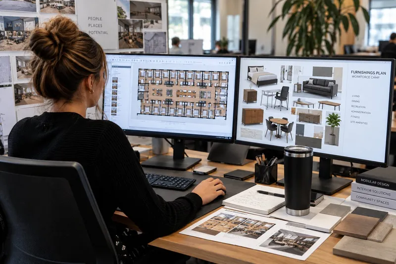 A designer at a desk with a camp floor plan on one screen and a furnishings plan on the other, finish samples beside the keyboard