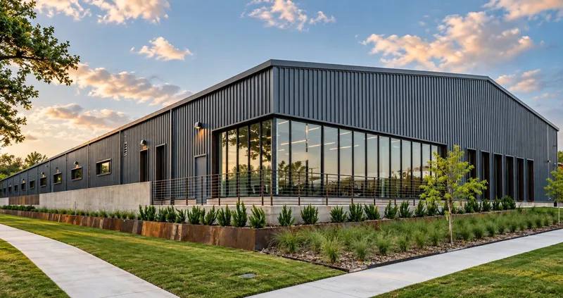 A dark pre-engineered steel building with a tall glazed entrance, landscaped beds and walkways at sunset