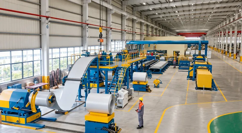 A steel coil feeding a forming line in a bright modular factory hall, a worker in a hard hat standing beside the coils