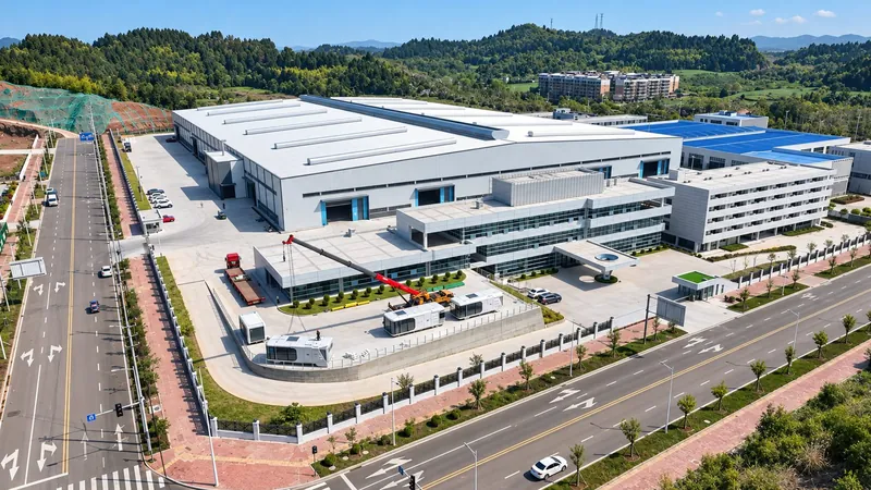 Aerial view of a modular building factory: a white production hall, a glass-fronted office building, and a crane setting modular units in the yard.
