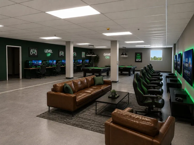 A recreation lounge with leather sofas, a row of gaming chairs facing wall screens, gaming desks and billiard tables