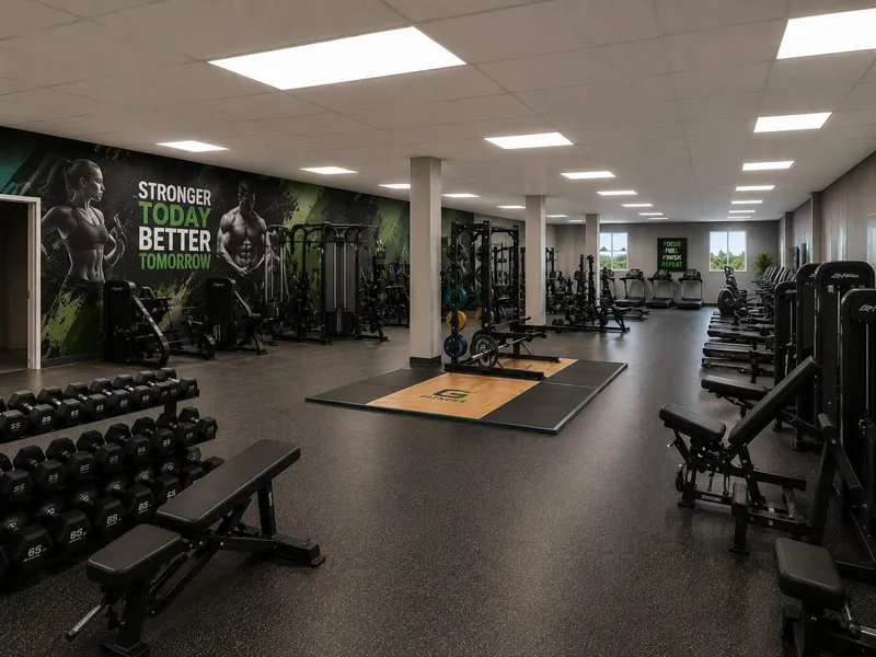 A fitness room with racks of dumbbells, weight benches, strength machines and treadmills under a mural reading Stronger Today, Better Tomorrow