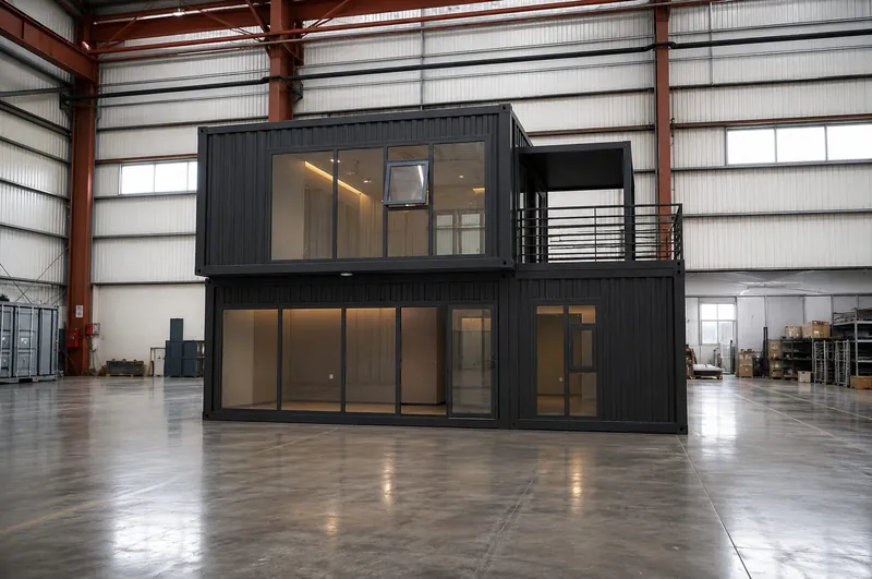 Assembled two-story flat-pack building inside a factory
