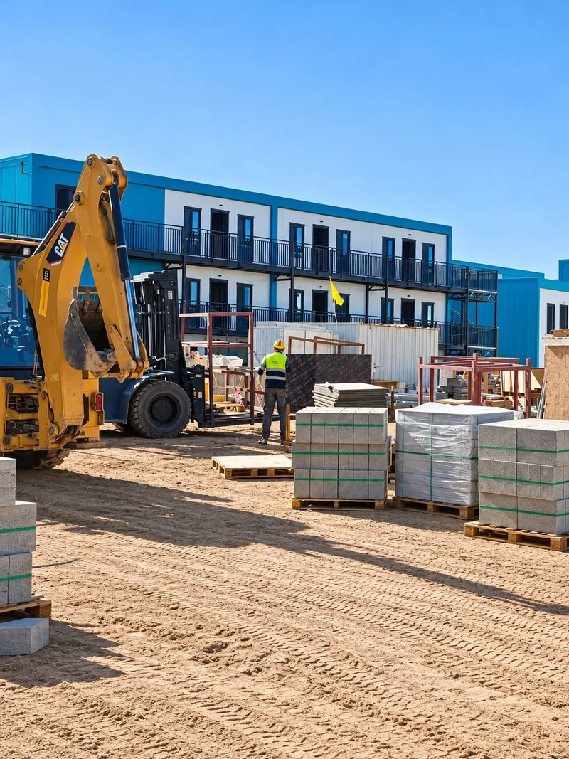 Two-story modular buildings with a backhoe and pallets of materials on a prepared site