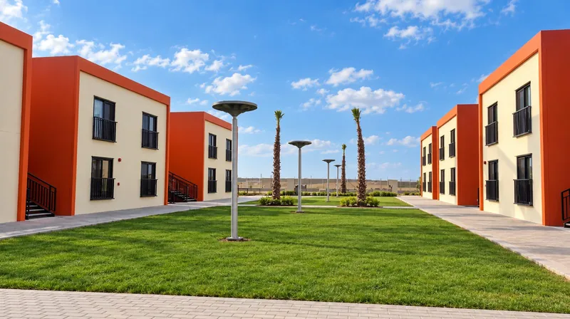 Two-story modular residential buildings around a lawn with palm trees