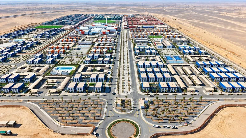 Aerial view of a large flat-pack workforce community in the desert