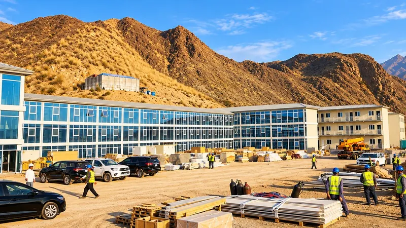 A three-story modular office complex with blue glazing below rocky mountains, with building materials in the foreground