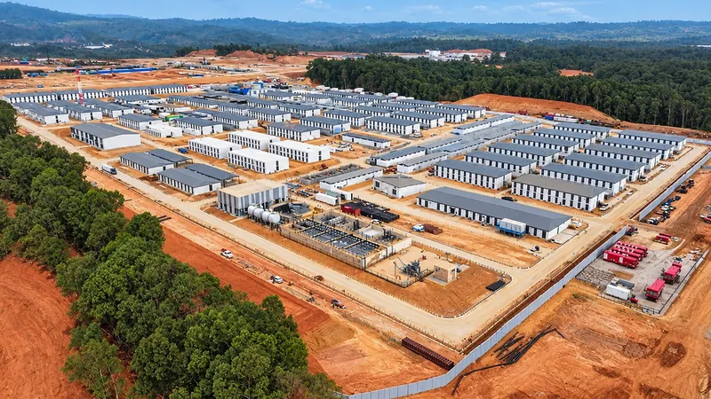 Aerial view of a large camp of gray-roofed modular buildings on cleared red earth beside forest