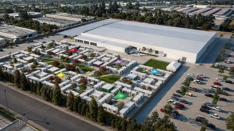 Aerial view of an interim housing village of white modules around courtyards and shade sails, beside a large warehouse