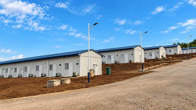 A row of single-story modular buildings with blue roofs along a graded road