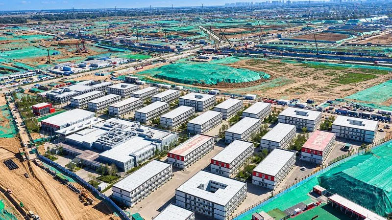 Aerial view of multi-story modular accommodation buildings beside a large construction site