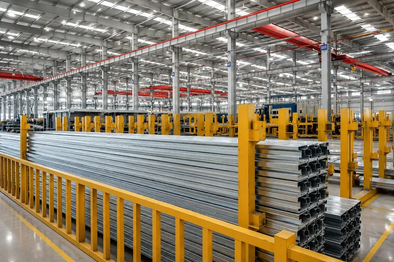 Steel profiles staged along a production line