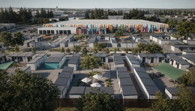 Rendering of an interim housing village from above: rows of white modules around courtyards with trees, umbrellas and shade sails, a muralled warehouse behind