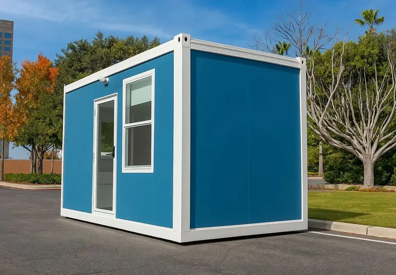 A single blue flat-pack module with a glass door and window, standing in a car park under trees