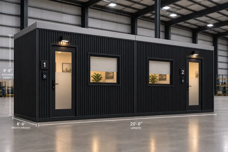 A black ribbed modular unit with two front doors, each opening into its own private room, drawn with its 8 by 20 foot dimensions