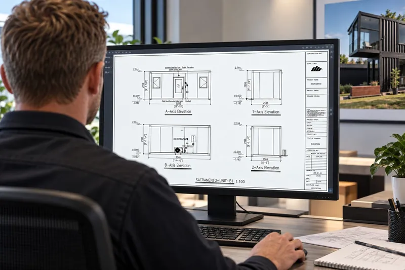 A designer at a screen reviewing elevation drawings for a modular unit