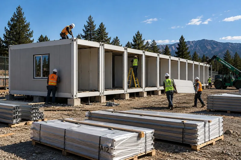 A crew assembling white flat-pack modules on site, with packed panels in the foreground