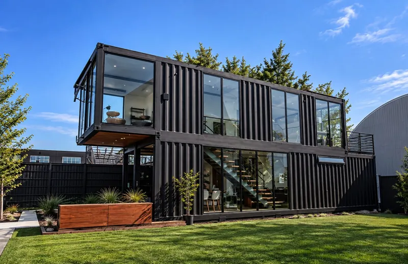 A two-story modular building in black steel with full-height glass walls
