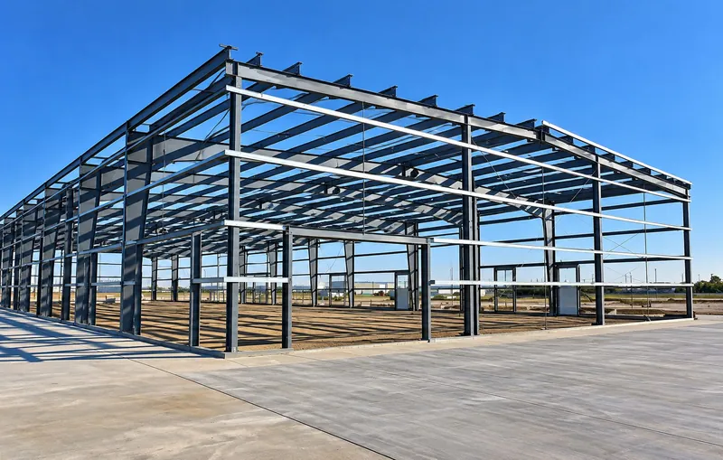 The steel frame of a pre-engineered building on a concrete slab