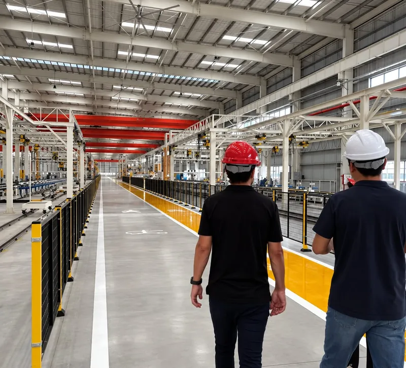 Two people in hard hats walking a production line in a modular factory